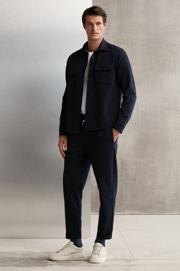 GRIMELANGE GRIMELANGE Walsh Men's Pique Look Special Fabric Stretchy Double Leg Corded Elastic Waist Navy Blue Trousers