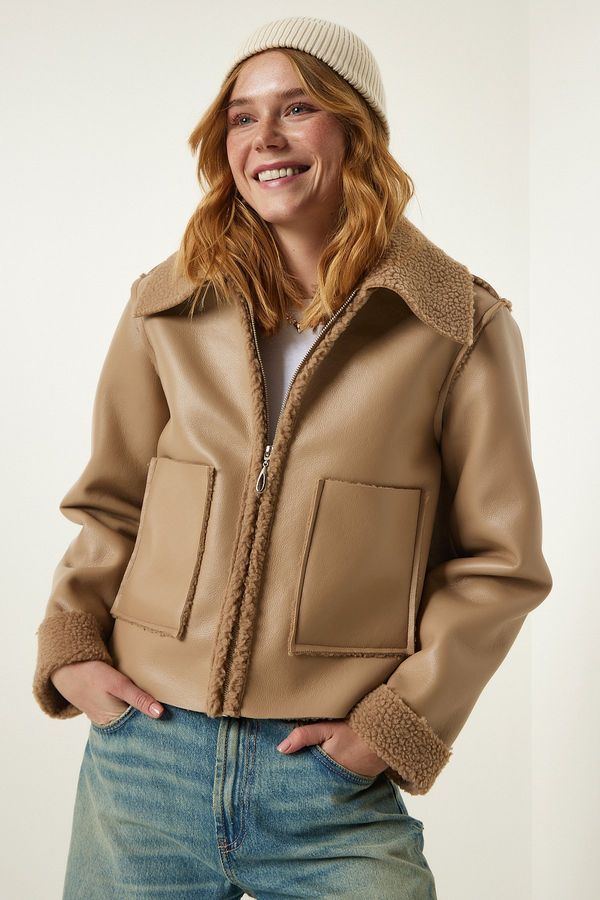 Happiness İstanbul Happiness İstanbul Beige Für Collar Wide Pocket Faux Leather Jacket