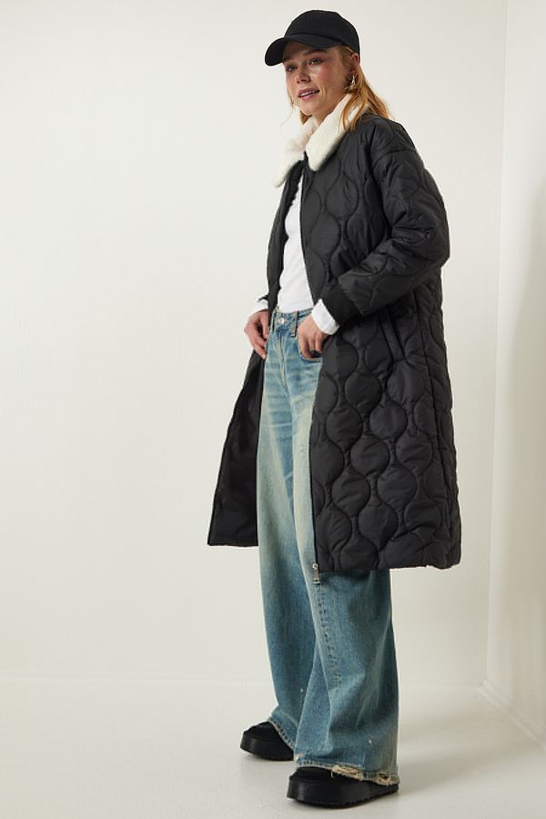 Happiness İstanbul Happiness İstanbul Black Fur Collar Quilted Coat