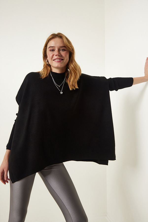 Happiness İstanbul Happiness İstanbul Black High Neck Slit Knitwear Poncho Sweater