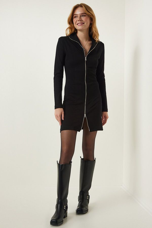 Happiness İstanbul Happiness İstanbul Black Zipper High Neck Mini Knitted Dress