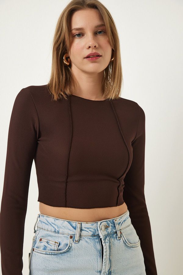 Happiness İstanbul Happiness İstanbul Brown Ribbed Ribbed Crop Blouse