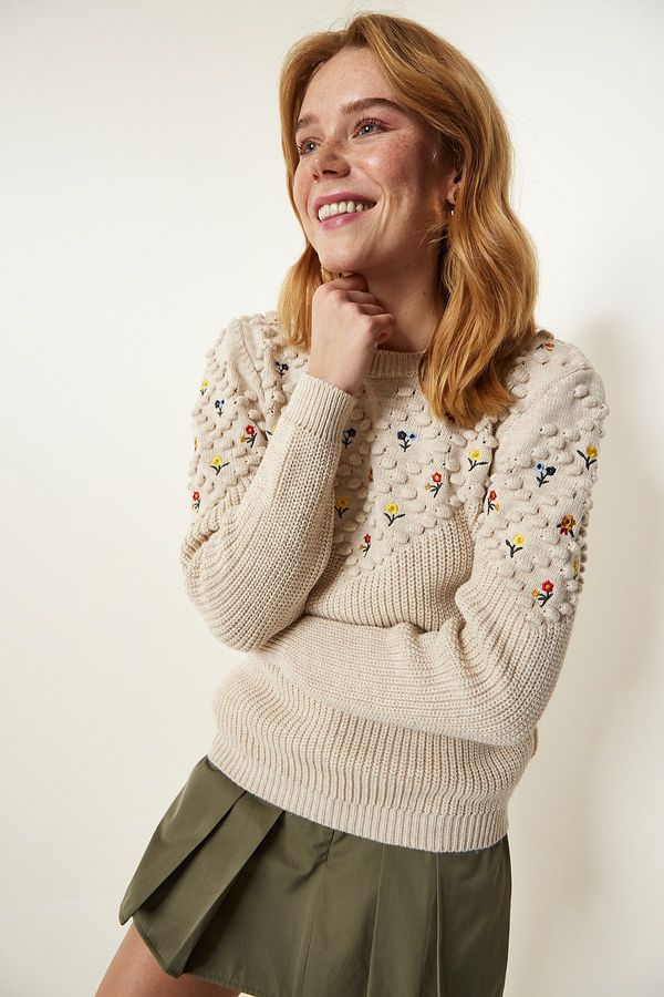 Happiness İstanbul Happiness İstanbul Cream Floral Embroidered Textured Knitwear Sweater