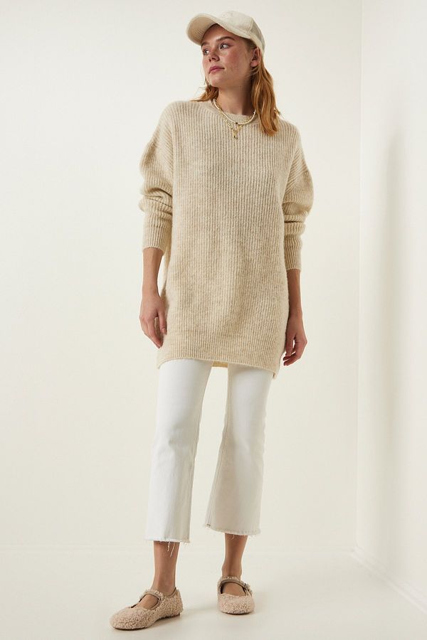 Happiness İstanbul Happiness İstanbul Cream Oversize Long Basic Knitwear Sweater