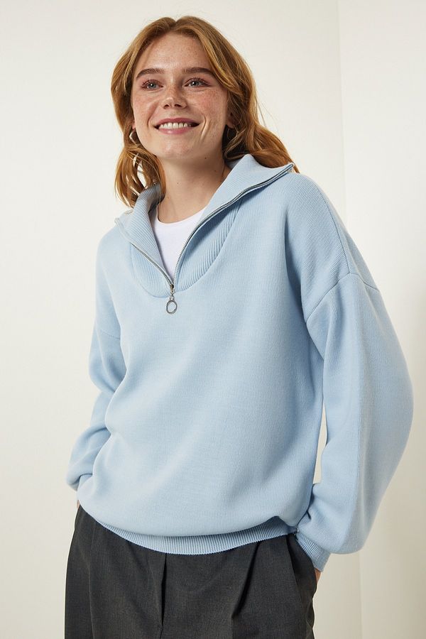 Happiness İstanbul Happiness İstanbul Light Blue Zipper Collar Basic Knitwear Sweater