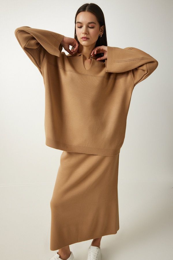 Happiness İstanbul Happiness İstanbul Women Camel Polo Neck Stylish Knitwear Sweater Skirt Suit