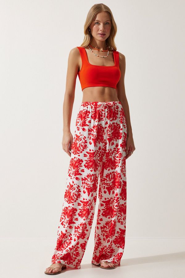Happiness İstanbul Happiness İstanbul Women Ecru Red High Waist Summer Wide Viscose Trousers