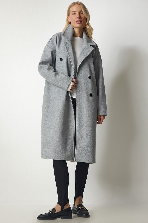 Happiness İstanbul Happiness İstanbul Women Gray Double Breasted Neck Oversize Cachet Coat