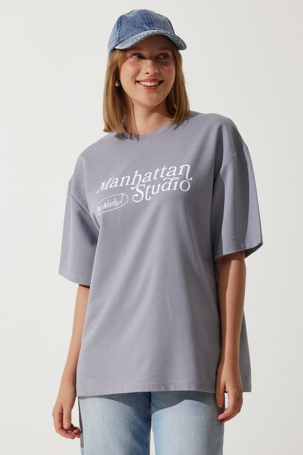 Happiness İstanbul Happiness İstanbul Women&#39;s Gray Printed Oversize Two Thread Knitted T-Shirt