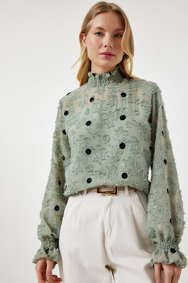 Happiness İstanbul Happiness İstanbul Women's Almond Green Marked Polka Dot Woven Blouse