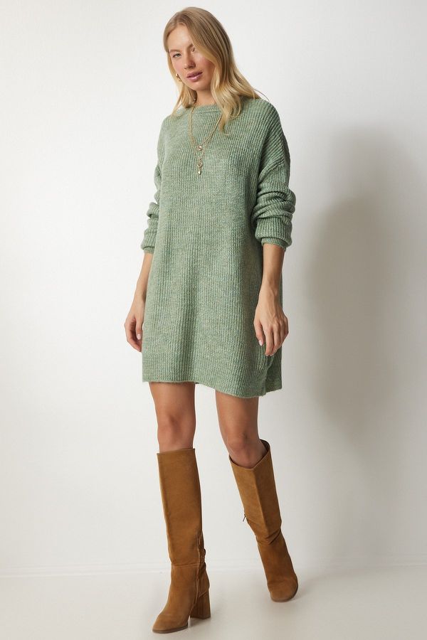 Happiness İstanbul Happiness İstanbul Women's Almond Green Oversize Long Basic Knitwear Sweater