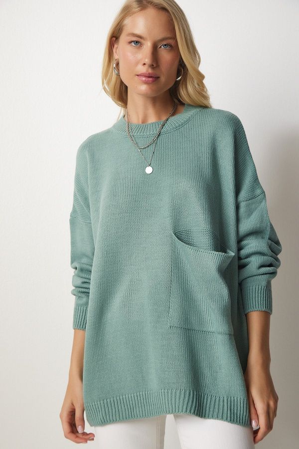Happiness İstanbul Happiness İstanbul Women's Almond Green Pocket Detailed Basic Knitwear Sweater