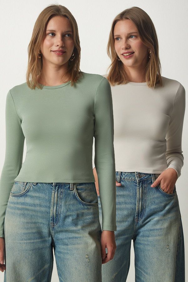 Happiness İstanbul Happiness İstanbul Women's Almond Green Stone Crew Neck Wraparound 2-Pack Knitted Blouse