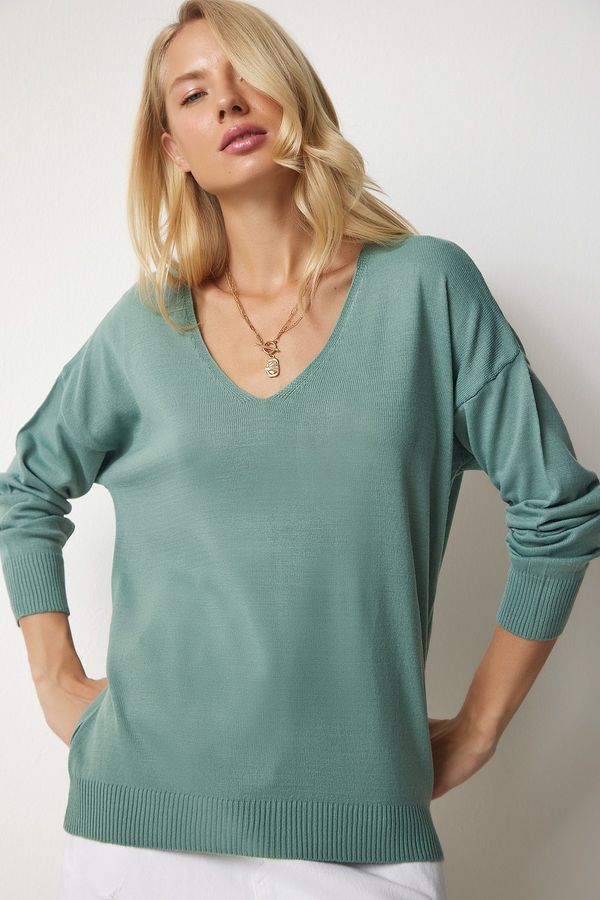 Happiness İstanbul Happiness İstanbul Women's Almond Green V-Neck Fine Knitwear Sweater