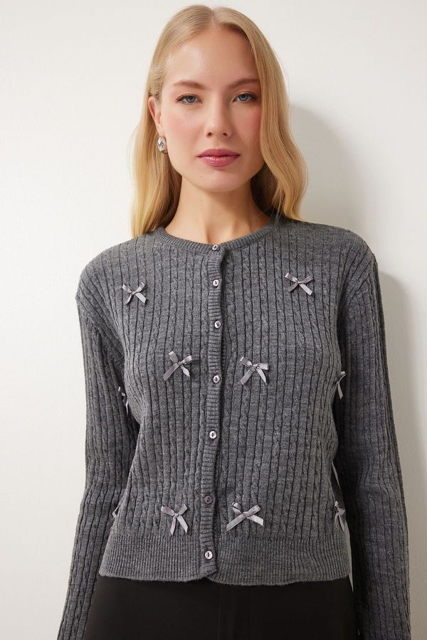 Happiness İstanbul Happiness İstanbul Women's Anthracite Bow Knitted Sweater Cardigan