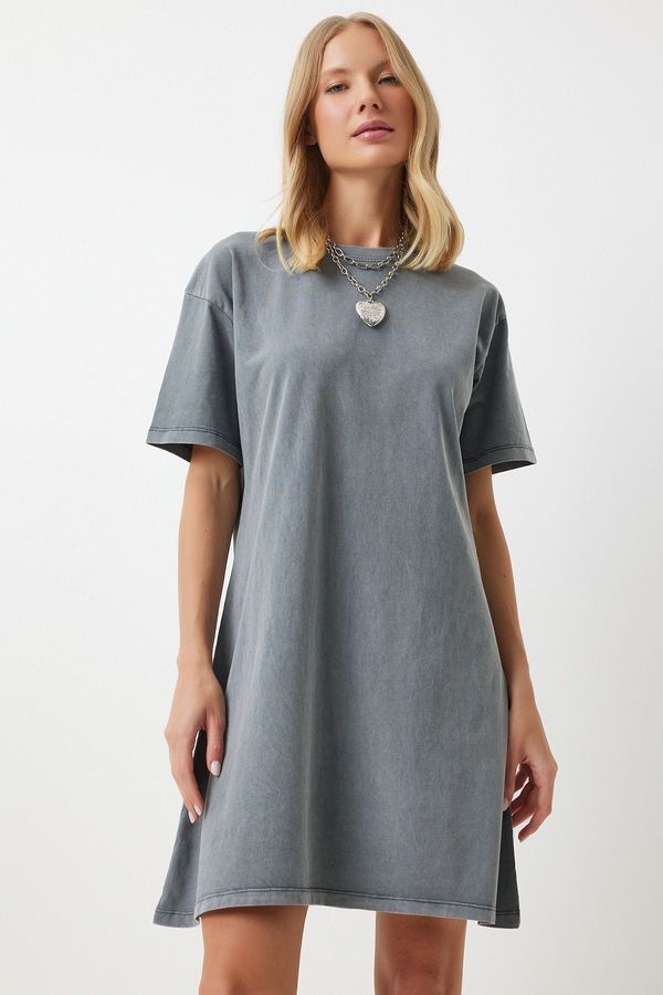 Happiness İstanbul Happiness İstanbul Women's Anthracite Crew Neck Oversize Knitted T-Shirt Dress