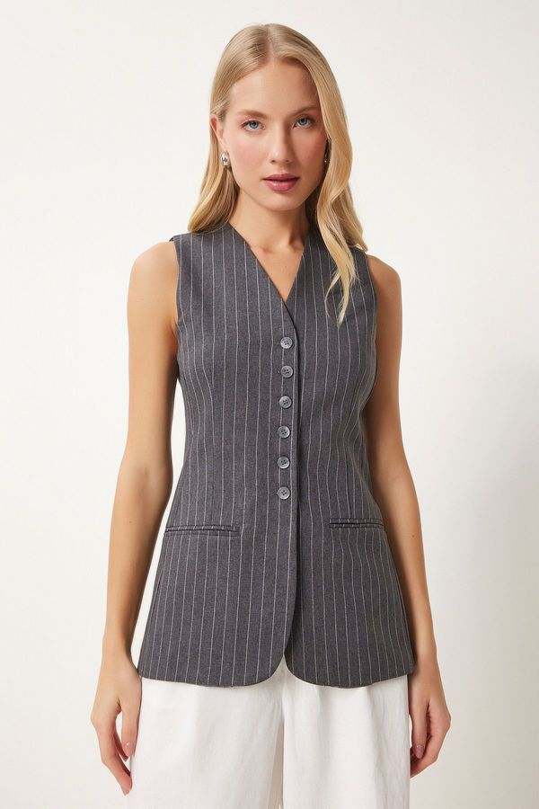 Happiness İstanbul Happiness İstanbul Women's Anthracite Fleto Pocket Detailed Striped Woven Vest