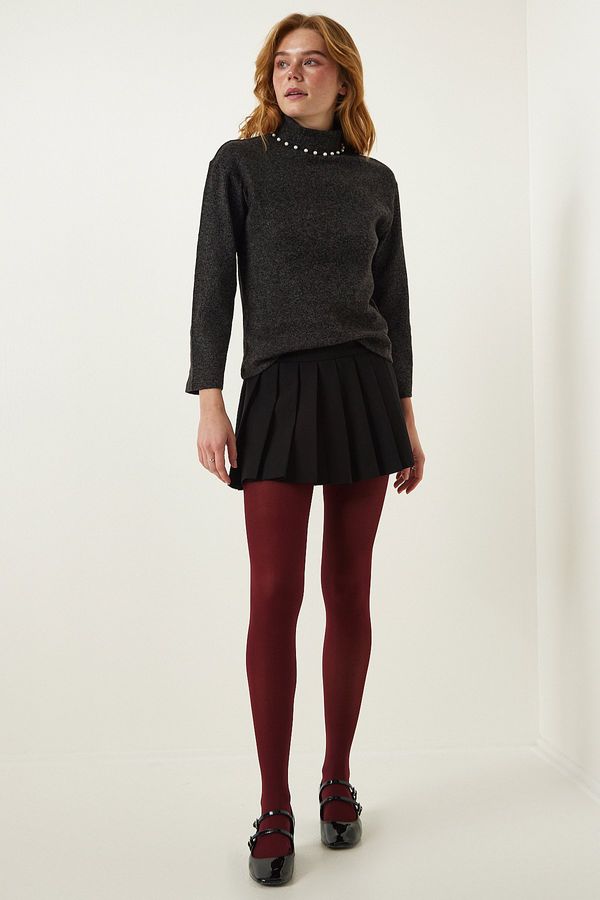 Happiness İstanbul Happiness İstanbul Women's Anthracite Pearl Detailed Turtleneck Knitted Blouse