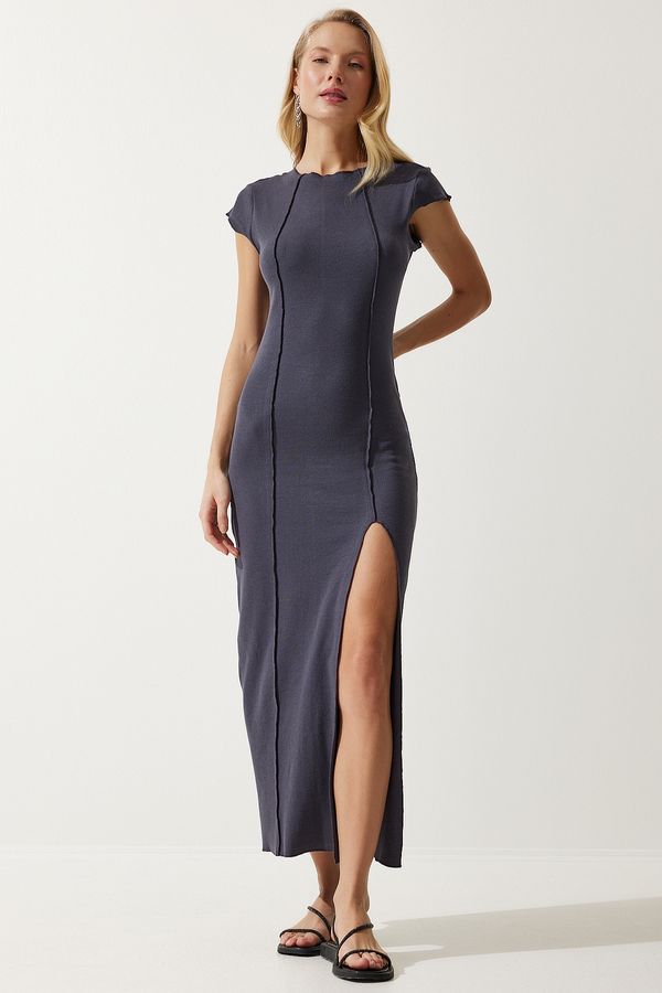 Happiness İstanbul Happiness İstanbul Women's Anthracite Slit Ribbed Saran Knitted Dress