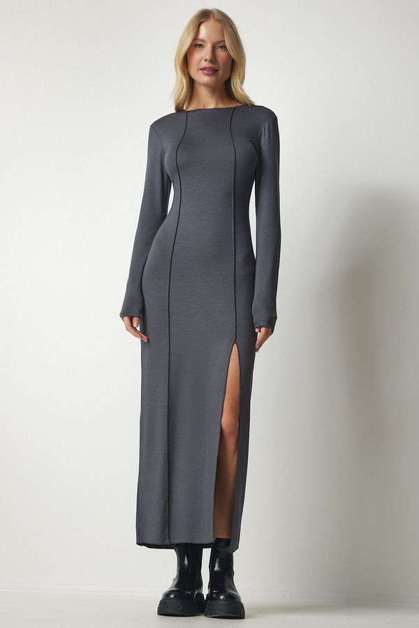 Happiness İstanbul Happiness İstanbul Women's Anthracite Slit Stitched Long Viscose Dress
