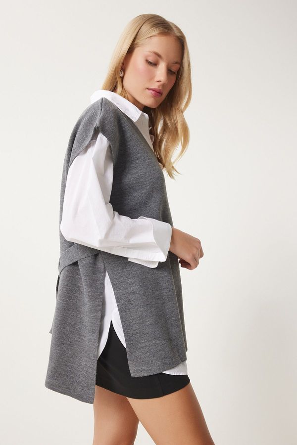 Happiness İstanbul Happiness İstanbul Women's Anthracite V Neck Belted Long Knit Sweater