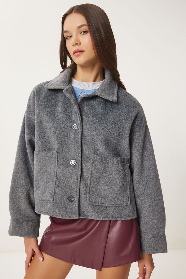 Happiness İstanbul Happiness İstanbul Women's Anthracite Wide Pocket Soft Stamp Jacket