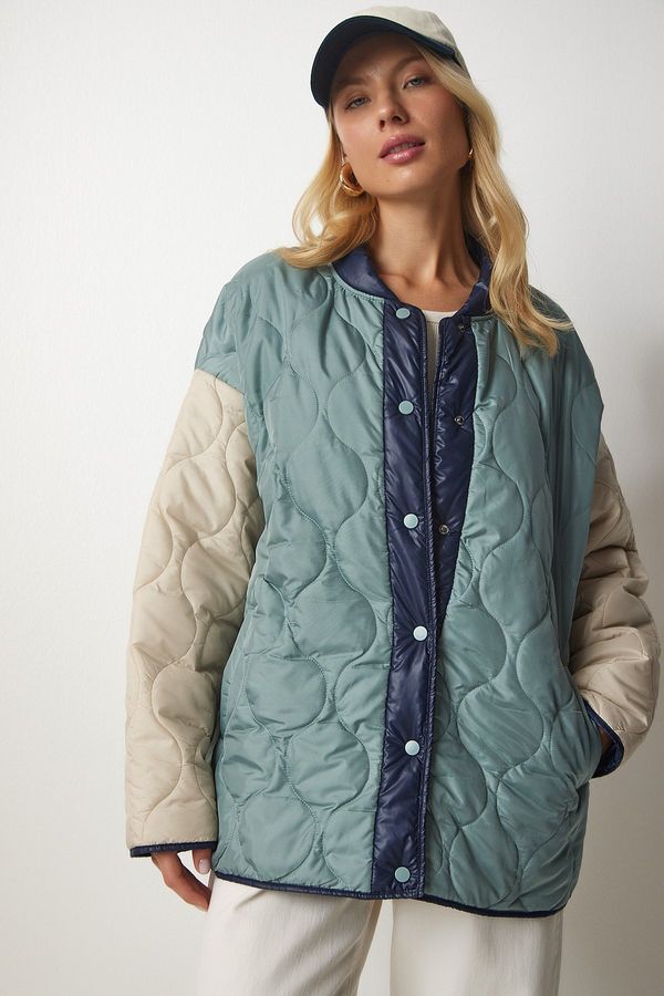 Happiness İstanbul Happiness İstanbul Women's Aqua Green Cream Block Color Oversize Quilted Coat