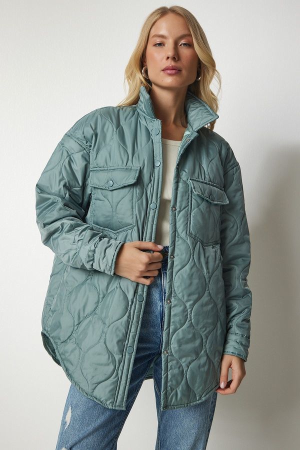 Happiness İstanbul Happiness İstanbul Women's Aqua Green Oversized Quilted Coat with Snap fastener