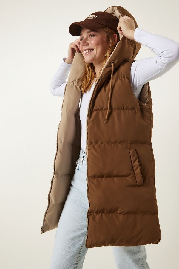 Happiness İstanbul Happiness İstanbul Women's Beige Camel Hooded Reversible Puffer Vest
