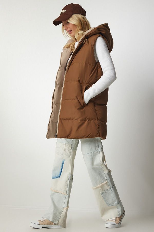 Happiness İstanbul Happiness İstanbul Women's Beige Caramel Hooded Double Sided Puffer Vest