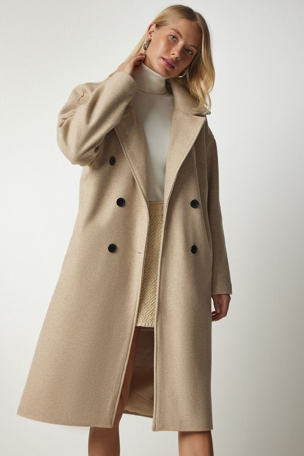 Happiness İstanbul Happiness İstanbul Women's Beige Double Breasted Collar Oversize Stash Coat