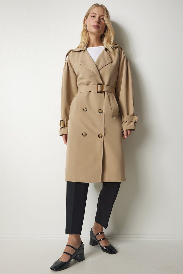 Happiness İstanbul Happiness İstanbul Women's Beige Double Breasted Collar Trench Coat with a Belt