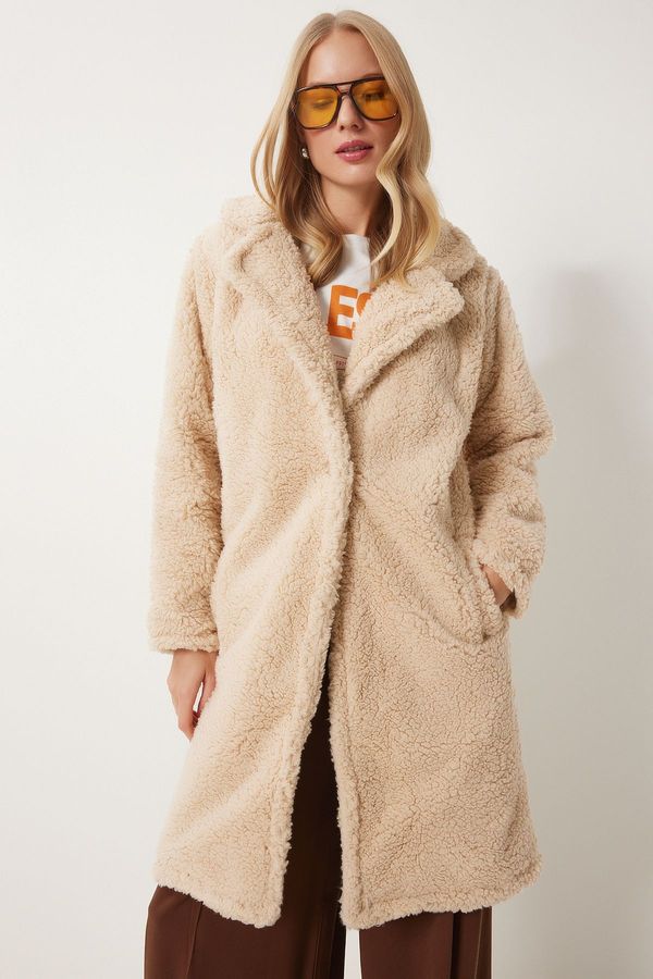 Happiness İstanbul Happiness İstanbul Women's Beige Fold Collar Plush Coat