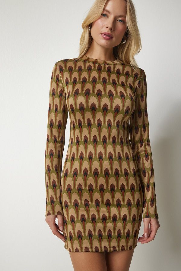 Happiness İstanbul Happiness İstanbul Women's Beige Green High Neck Patterned Mini Knitwear Dress