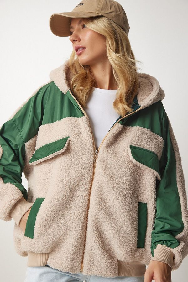 Happiness İstanbul Happiness İstanbul Women's Beige Green Hooded Fleece Quilted Coat
