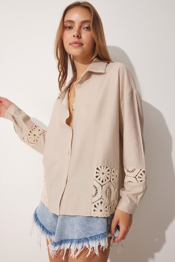 Happiness İstanbul Happiness İstanbul Women's Beige Guipure Detail Cotton Aerial Shirt