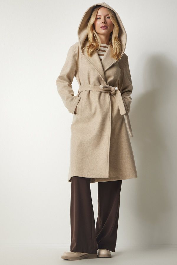 Happiness İstanbul Happiness İstanbul Women's Beige Hooded Belted Stamped Coat