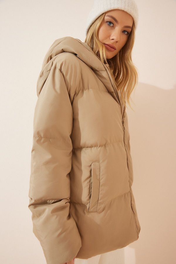 Happiness İstanbul Happiness İstanbul Women's Beige Hooded Oversized Puffer Coat