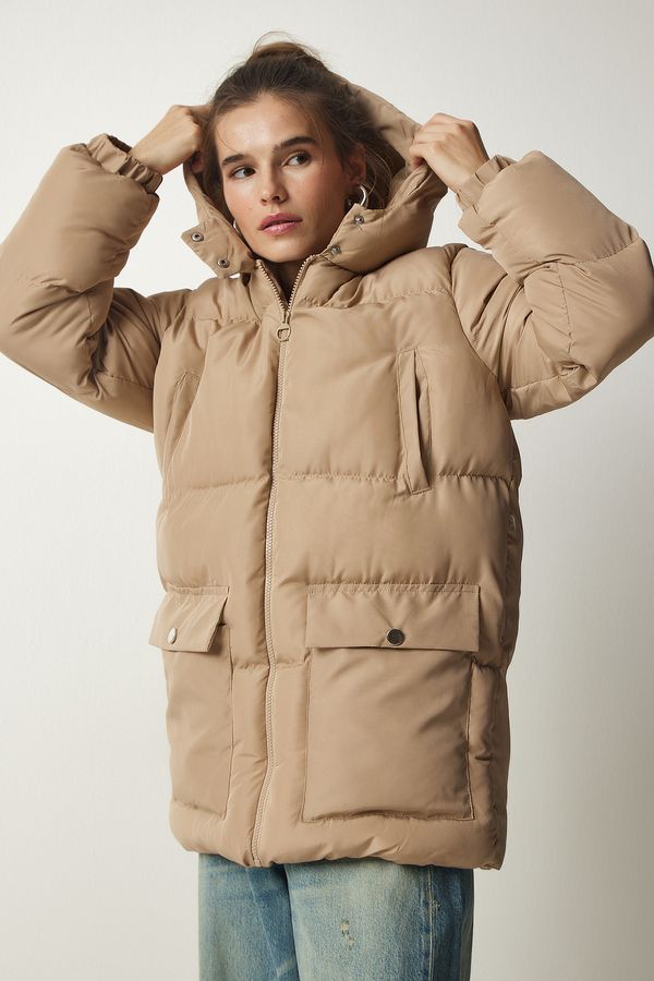 Happiness İstanbul Happiness İstanbul Women's Beige Hooded Puffer Coat