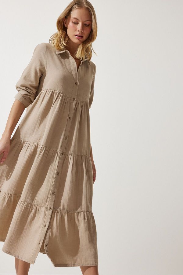 Happiness İstanbul Happiness İstanbul Women's Beige Muslin Flared Shirt Dress