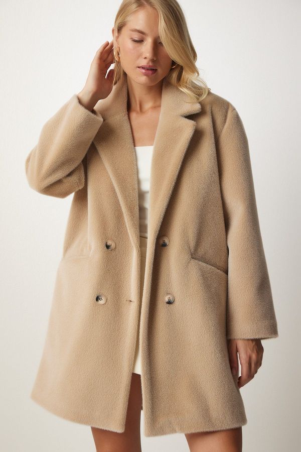 Happiness İstanbul Happiness İstanbul Women's Beige Rabbit Hair Look Oversize Coat