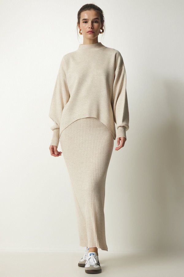 Happiness İstanbul Happiness İstanbul Women's Beige Ribbed Knitwear Sweater Dress