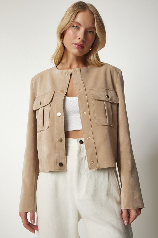 Happiness İstanbul Happiness İstanbul Women's Beige Snap Closure Stylish Woven Jacket