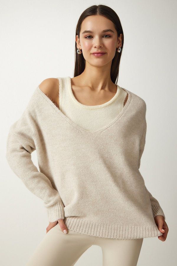 Happiness İstanbul Happiness İstanbul Women's Beige Tank Top Soft Textured Double Knitwear Sweater