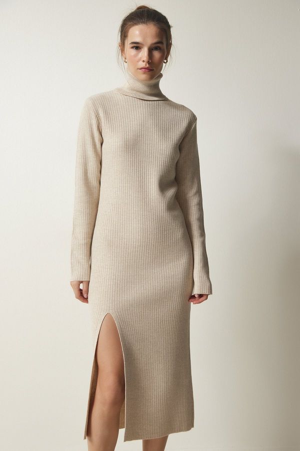 Happiness İstanbul Happiness İstanbul Women's Beige Turtleneck Slit Knitwear Dress