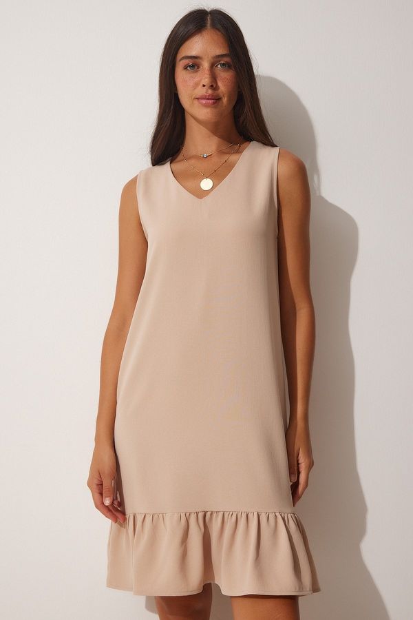 Happiness İstanbul Happiness İstanbul Women's Beige V-Neck Flounced Summer Woven Dress