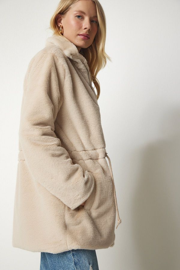 Happiness İstanbul Happiness İstanbul Women's Beige Zipper Oversize Furry Plush Coat