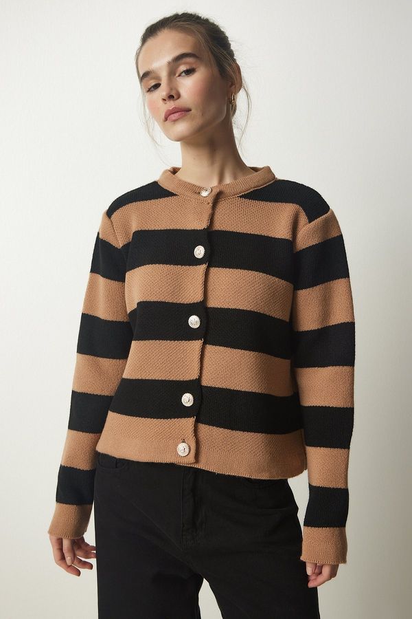 Happiness İstanbul Happiness İstanbul Women's Biscuit Black Stylish Buttoned Striped Knitwear Cardigan
