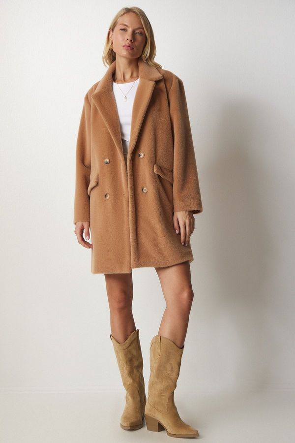 Happiness İstanbul Happiness İstanbul Women's Biscuit, Rabbit Feather Look Oversized Coat