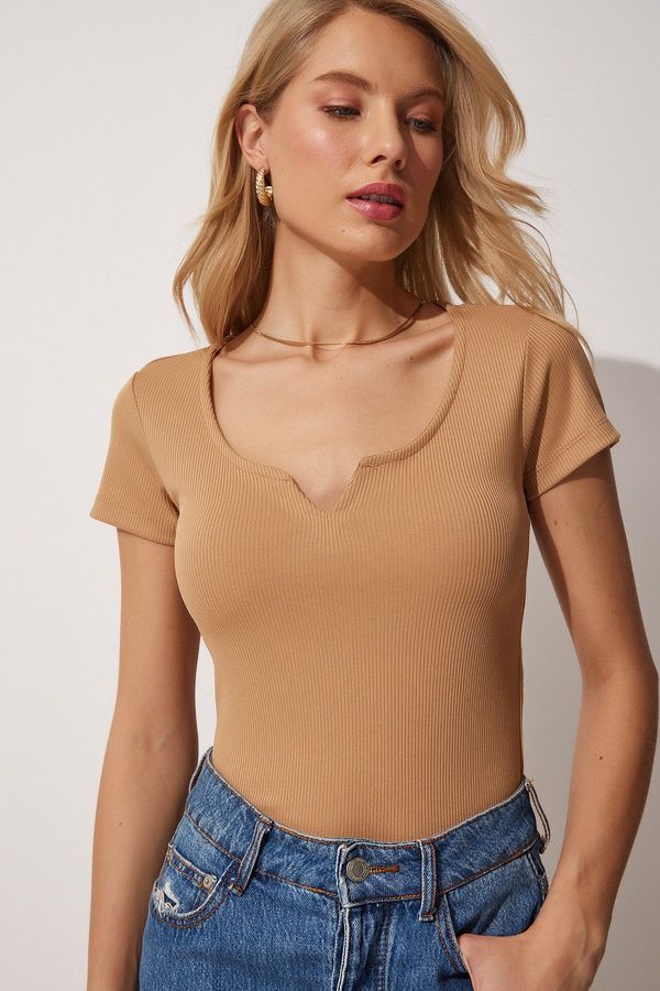 Happiness İstanbul Happiness İstanbul Women's Biscuit Sweetheart Collar Corduroy Knitted Crop Blouse